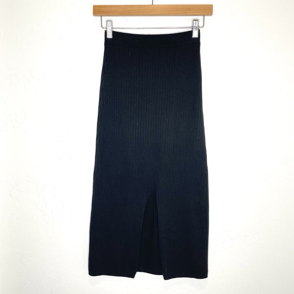 Free People Skyline Ribbed Pull On Stretch Midi Skirt Front Slot Womens XS Black